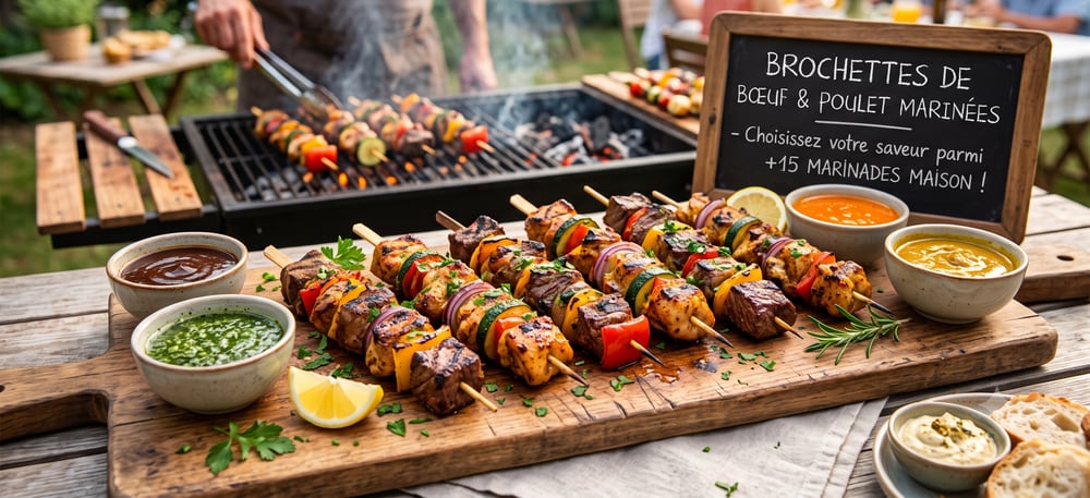 Brochettes de bœuf et de poulet marinées, préparées sur place