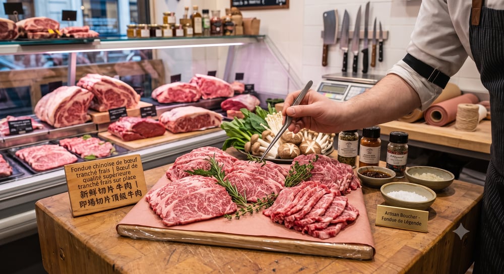 Bœuf de qualité supérieure tranché frais pour fondue chinoise, Boucherie Thibault