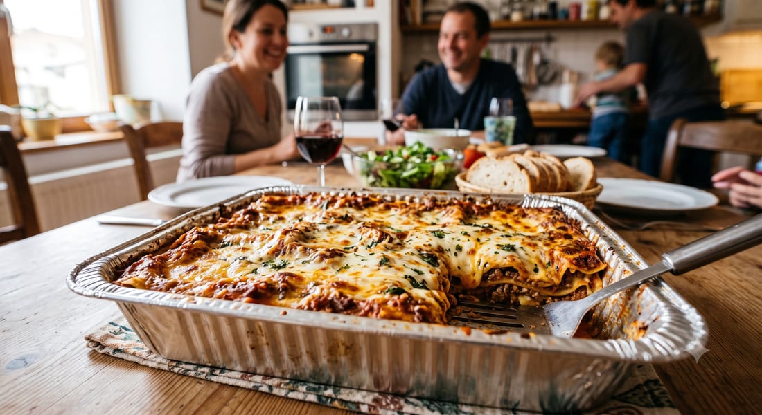 Lasagne familiale maison dans son plat d'aluminium, prête à enfourner