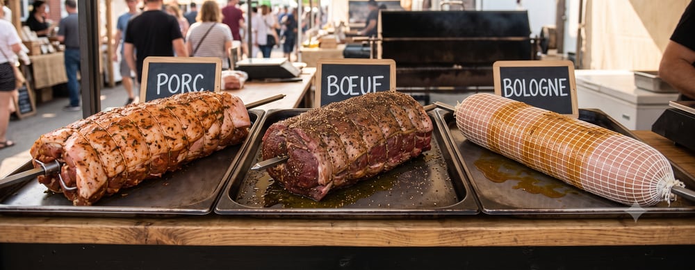 Méchoui prêt à cuire — porc, bœuf et bologne préparés sur place