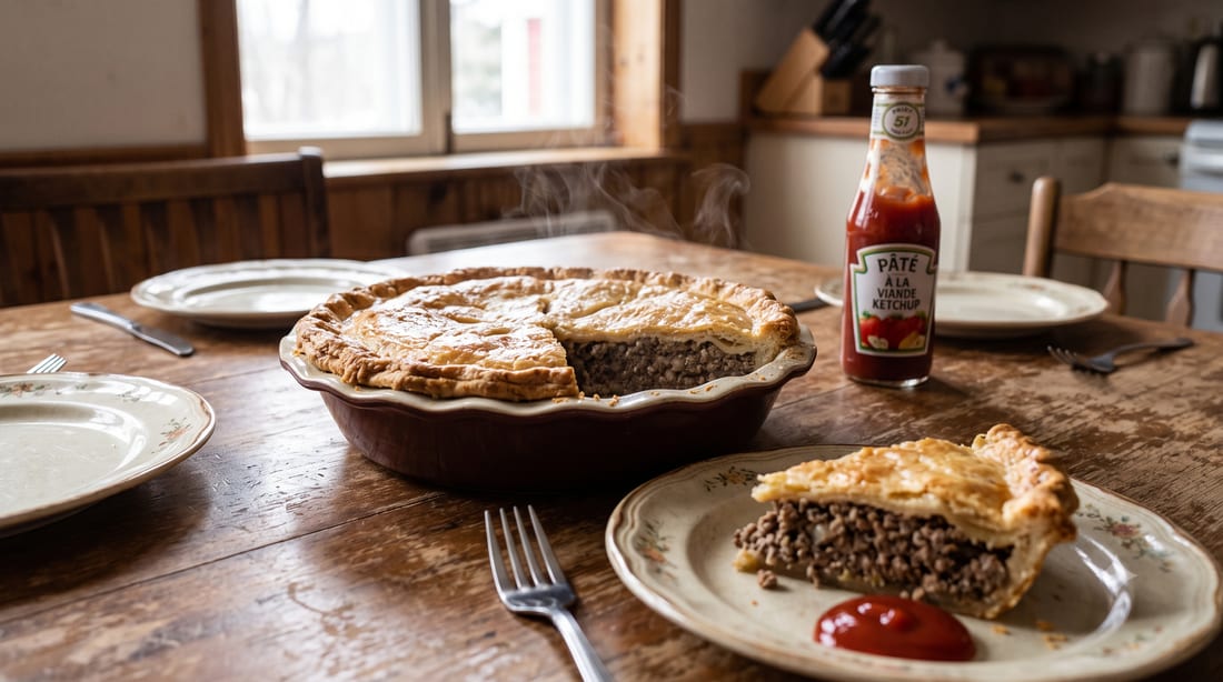 Pâté à la viande maison doré, servi avec du ketchup